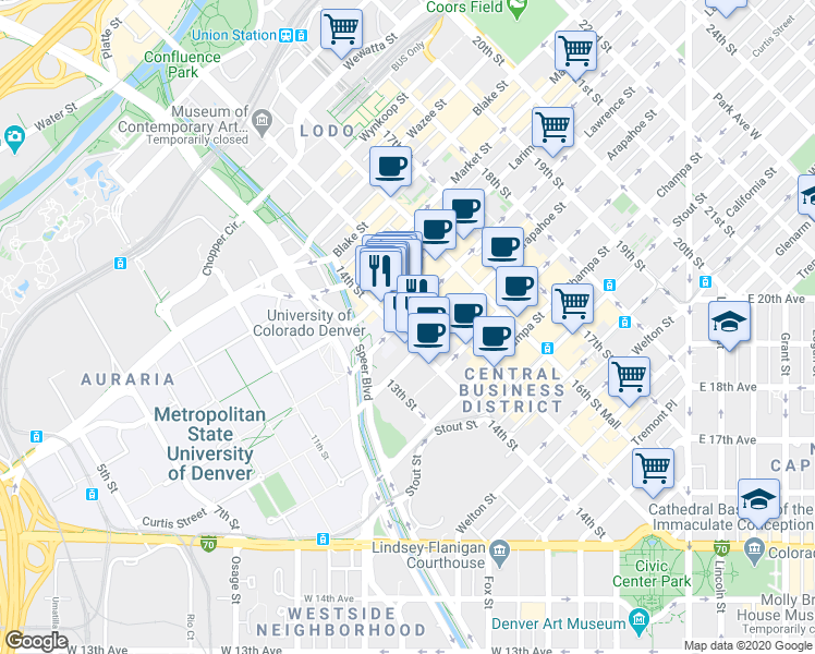 map of restaurants, bars, coffee shops, grocery stores, and more near 1401 Lawrence Street in Denver