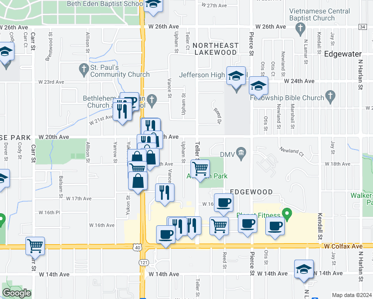 map of restaurants, bars, coffee shops, grocery stores, and more near 1951 Upham Street in Lakewood