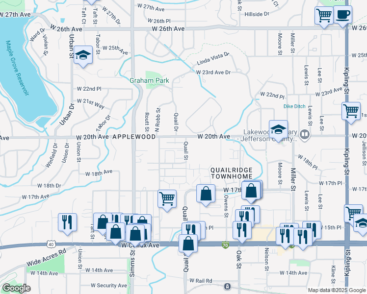 map of restaurants, bars, coffee shops, grocery stores, and more near 11256 West 20th Avenue in Lakewood