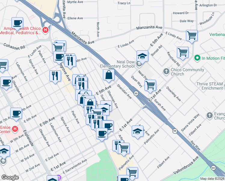 map of restaurants, bars, coffee shops, grocery stores, and more near 1415 Sheridan Avenue in Chico