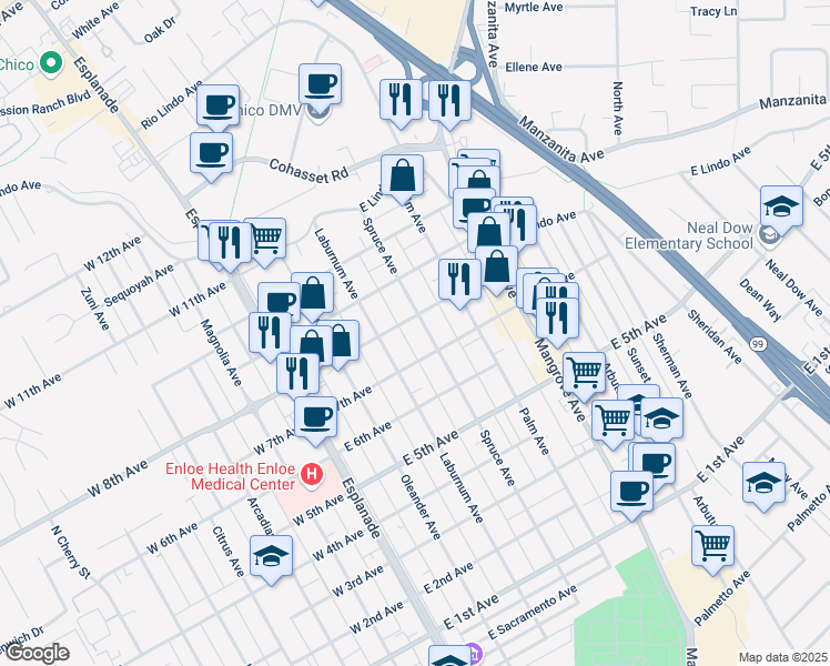 map of restaurants, bars, coffee shops, grocery stores, and more near 1749 Spruce Avenue in Chico