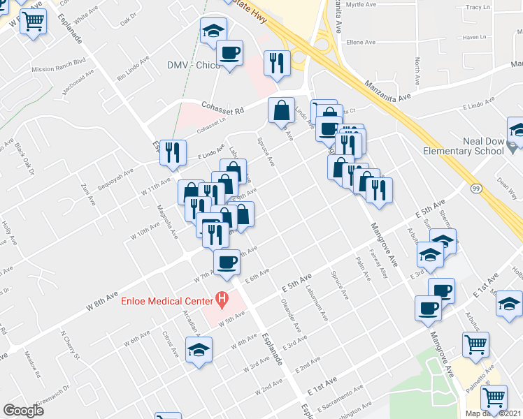 map of restaurants, bars, coffee shops, grocery stores, and more near 352 East 8th Avenue in Chico