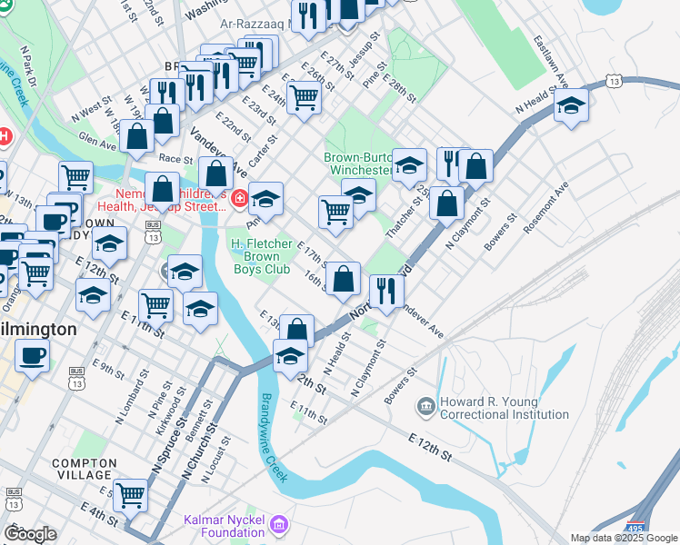 map of restaurants, bars, coffee shops, grocery stores, and more near 913 East 17th Street in Wilmington