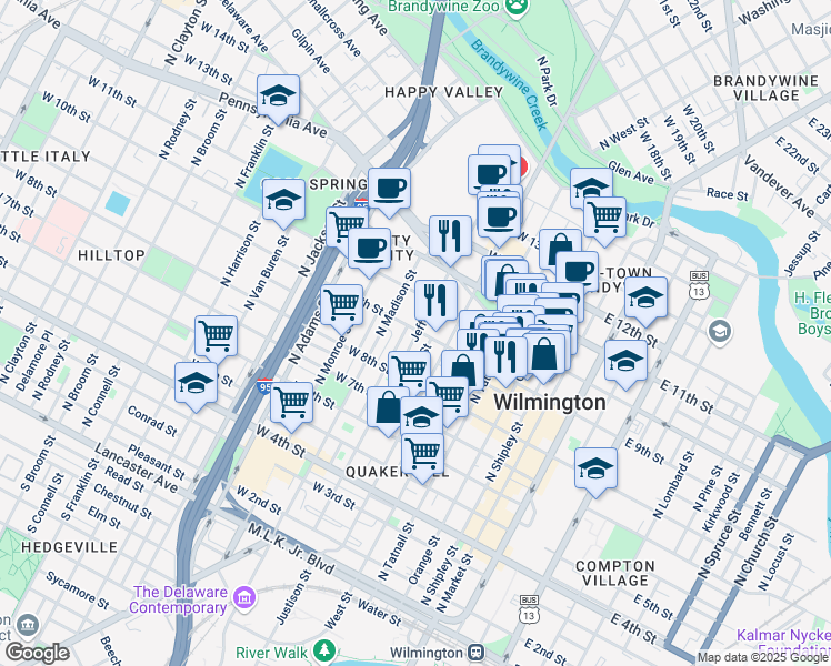 map of restaurants, bars, coffee shops, grocery stores, and more near 603 West 9th Street in Wilmington