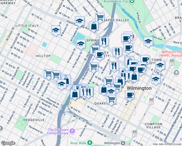 map of restaurants, bars, coffee shops, grocery stores, and more near 809 North Monroe Street in Wilmington