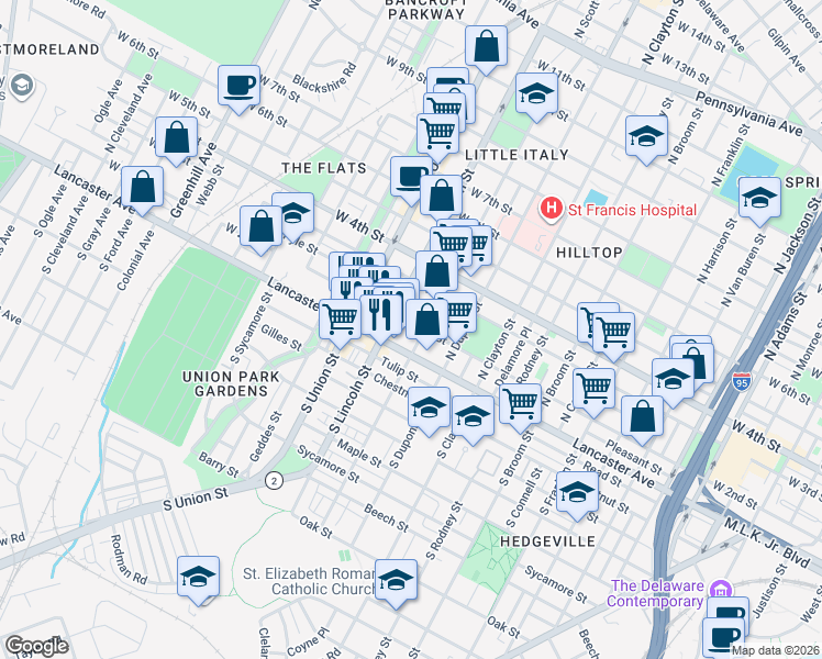 map of restaurants, bars, coffee shops, grocery stores, and more near 118 Delaware 2 in Wilmington