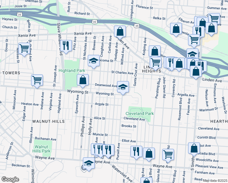 map of restaurants, bars, coffee shops, grocery stores, and more near 2002 Deanwood Avenue in Dayton
