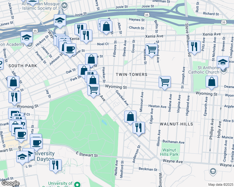 map of restaurants, bars, coffee shops, grocery stores, and more near 3 Gunckel Avenue in Dayton