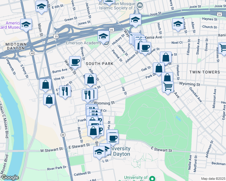 map of restaurants, bars, coffee shops, grocery stores, and more near 125 Park Drive in Dayton