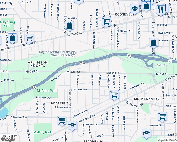map of restaurants, bars, coffee shops, grocery stores, and more near 328 Ethel Avenue in Dayton