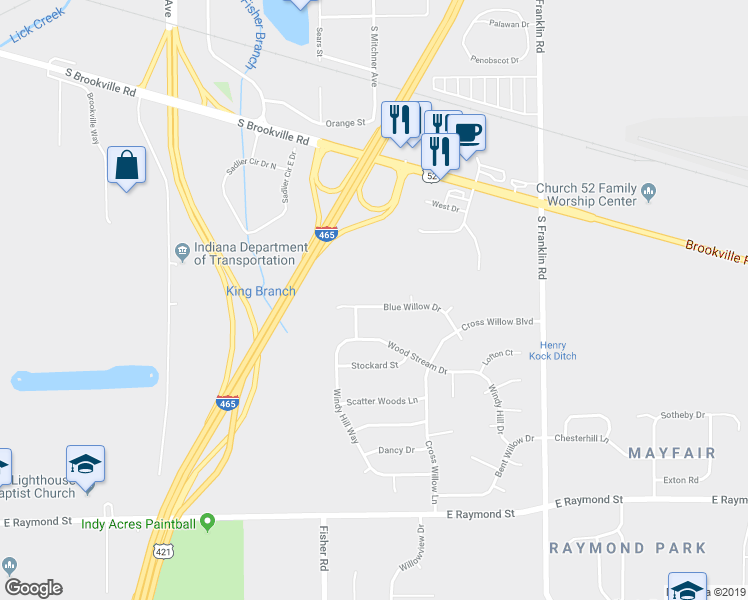 map of restaurants, bars, coffee shops, grocery stores, and more near 7626 Blue Willow Drive in Indianapolis