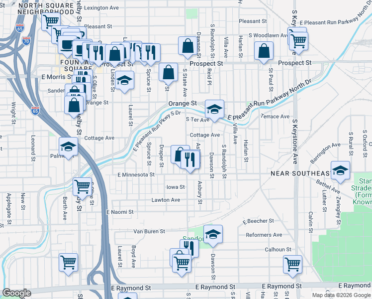 map of restaurants, bars, coffee shops, grocery stores, and more near 1518 Asbury Street in Indianapolis