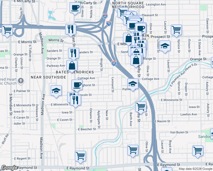 map of restaurants, bars, coffee shops, grocery stores, and more near 826 Weghorst Street in Indianapolis