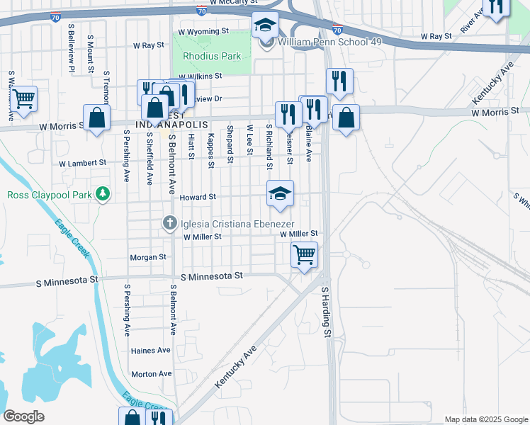 map of restaurants, bars, coffee shops, grocery stores, and more near 1753 Howard Street in Indianapolis