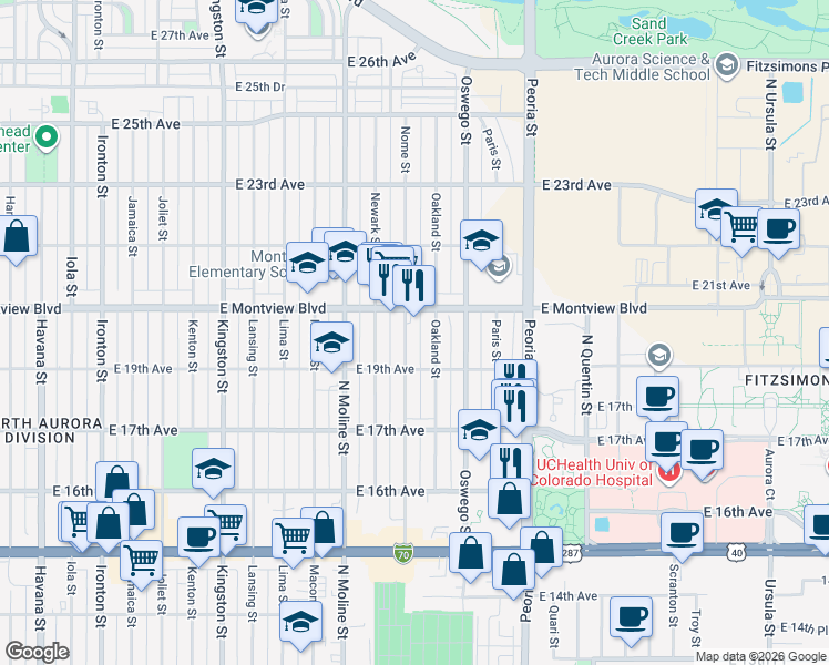 map of restaurants, bars, coffee shops, grocery stores, and more near in Aurora