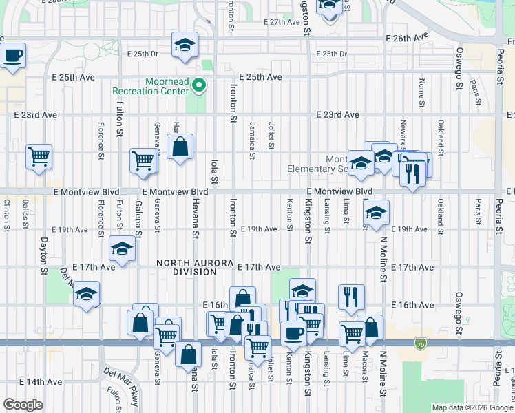 map of restaurants, bars, coffee shops, grocery stores, and more near 1980 Jamaica Street in Aurora