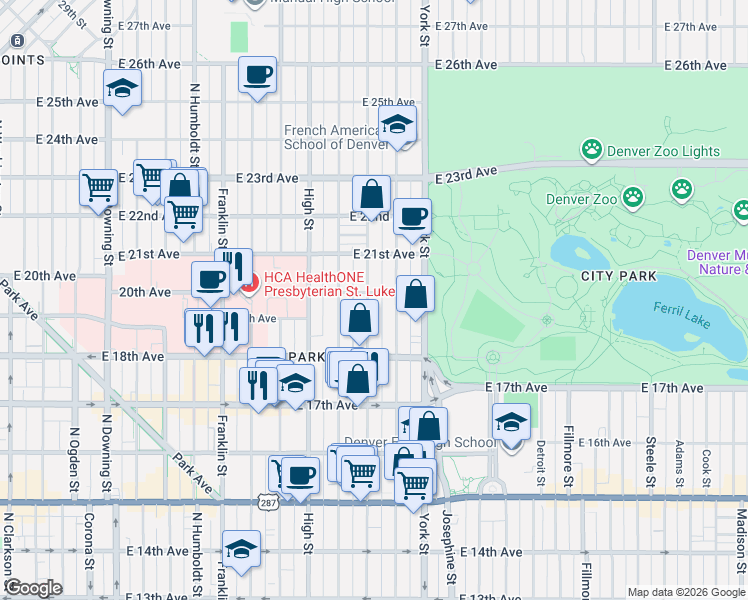 map of restaurants, bars, coffee shops, grocery stores, and more near 2027 East 20th Avenue in Denver