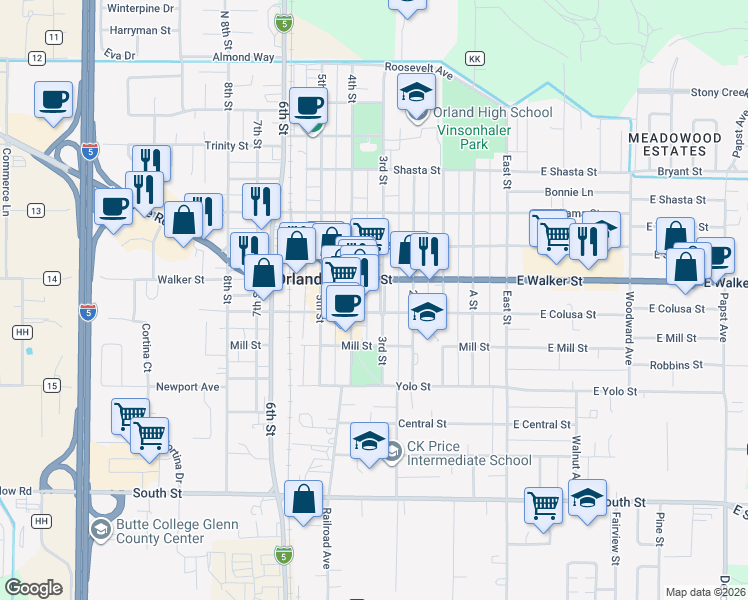 map of restaurants, bars, coffee shops, grocery stores, and more near 712 3rd Street in Orland