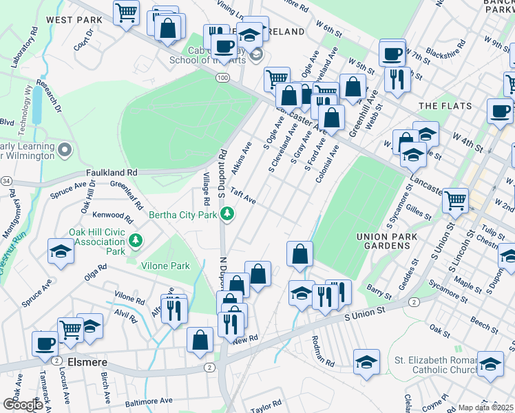 map of restaurants, bars, coffee shops, grocery stores, and more near 300 South Cleveland Avenue in Wilmington