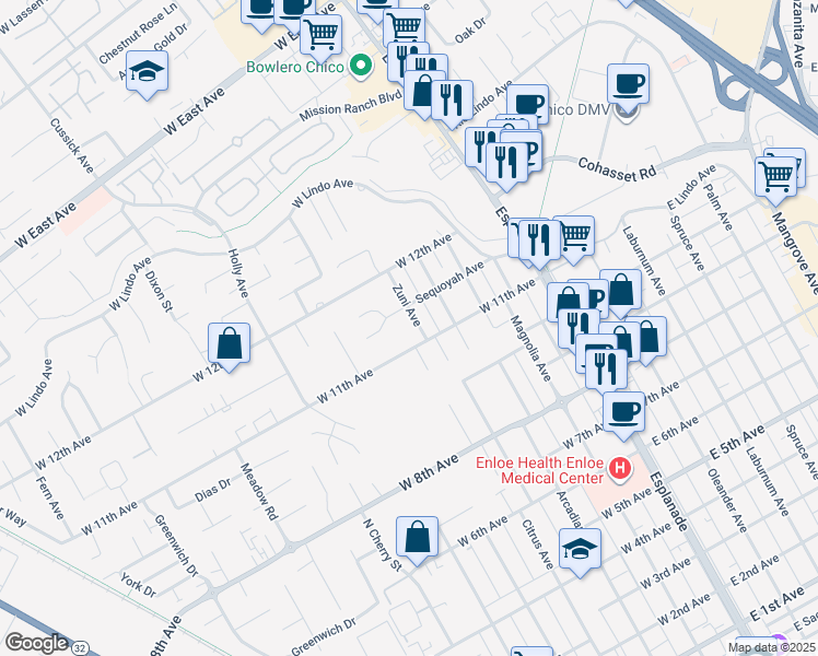 map of restaurants, bars, coffee shops, grocery stores, and more near 2123 Zuni Avenue in Chico