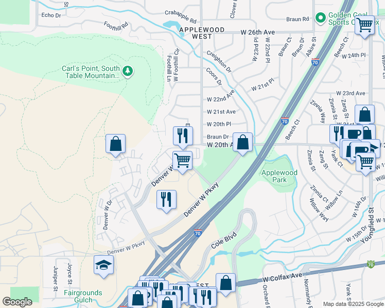 map of restaurants, bars, coffee shops, grocery stores, and more near 14085 Denver West Circle in Lakewood