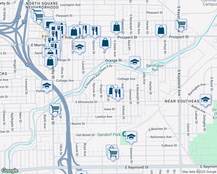 map of restaurants, bars, coffee shops, grocery stores, and more near 1621 Cottage Avenue in Indianapolis