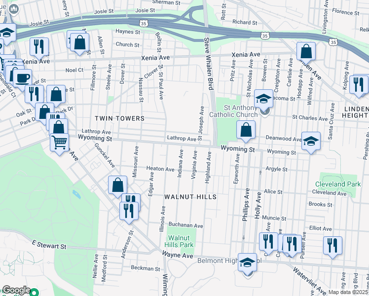 map of restaurants, bars, coffee shops, grocery stores, and more near 1404 Wyoming Street in Dayton