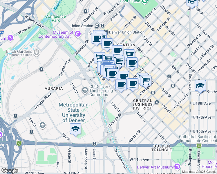 map of restaurants, bars, coffee shops, grocery stores, and more near 1250 14th Street in Denver