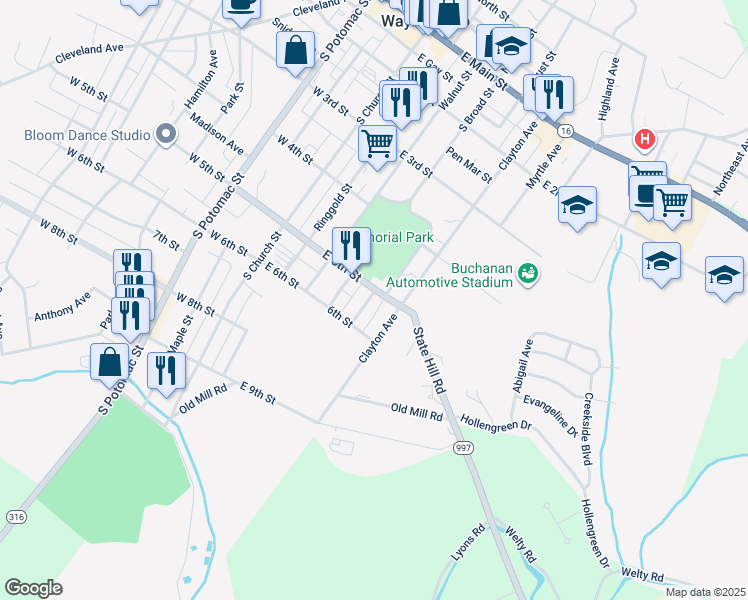 map of restaurants, bars, coffee shops, grocery stores, and more near 419 Chestnut Street in Waynesboro