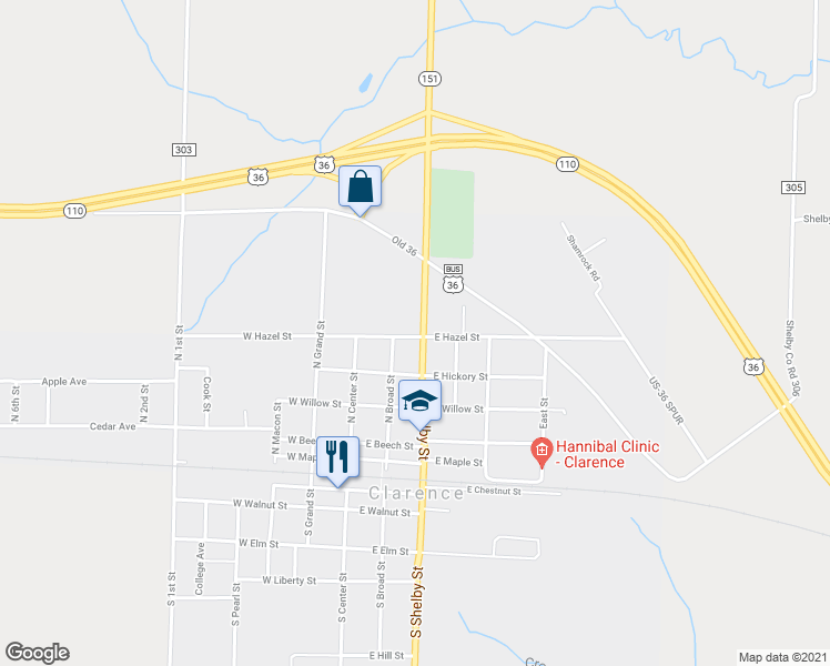 map of restaurants, bars, coffee shops, grocery stores, and more near 500 North Shelby Street in Clarence