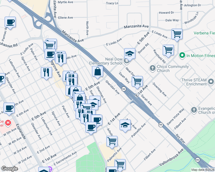 map of restaurants, bars, coffee shops, grocery stores, and more near 1415 Sheridan Avenue in Chico