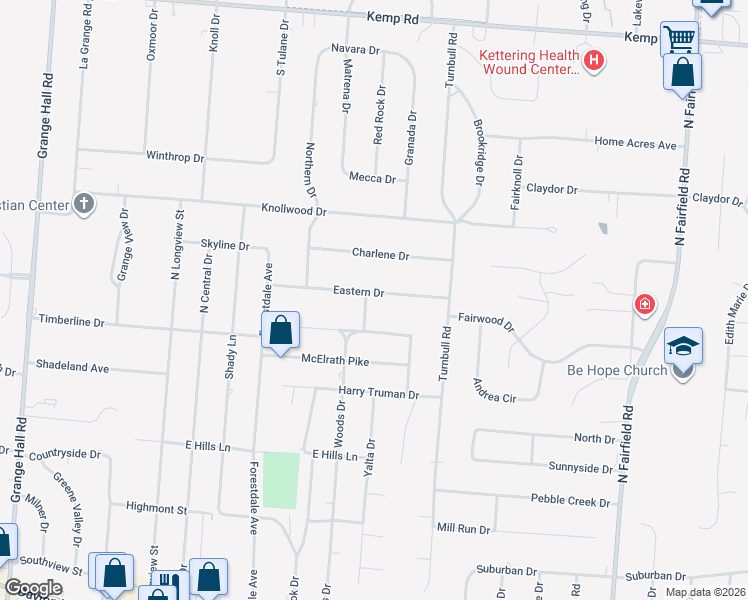 map of restaurants, bars, coffee shops, grocery stores, and more near 3606 Eastern Drive in Dayton