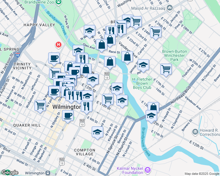 map of restaurants, bars, coffee shops, grocery stores, and more near 329 East 13th Street in Wilmington