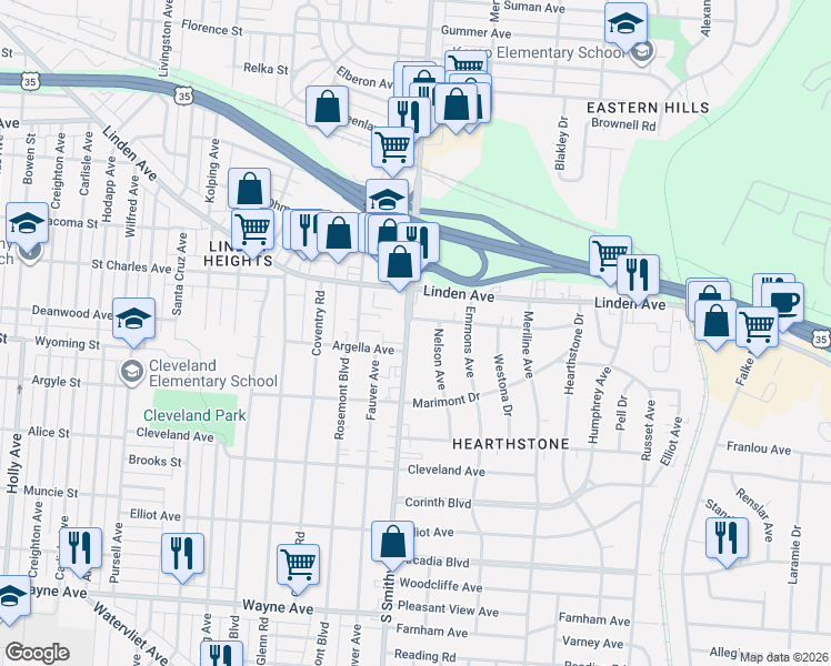 map of restaurants, bars, coffee shops, grocery stores, and more near 1500 South Smithville Road in Dayton