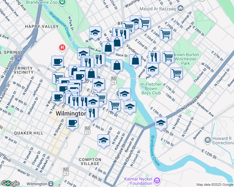 map of restaurants, bars, coffee shops, grocery stores, and more near 329 East 13th Street in Wilmington