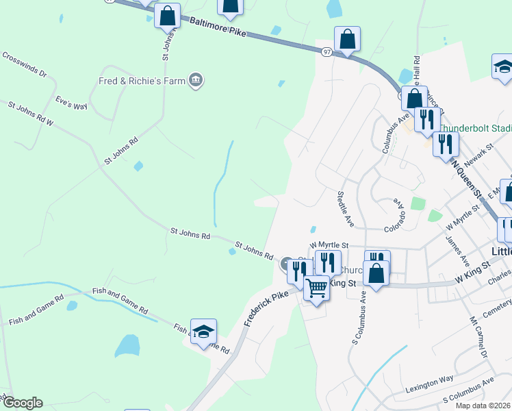 map of restaurants, bars, coffee shops, grocery stores, and more near 624 Saint Johns Road in Littlestown