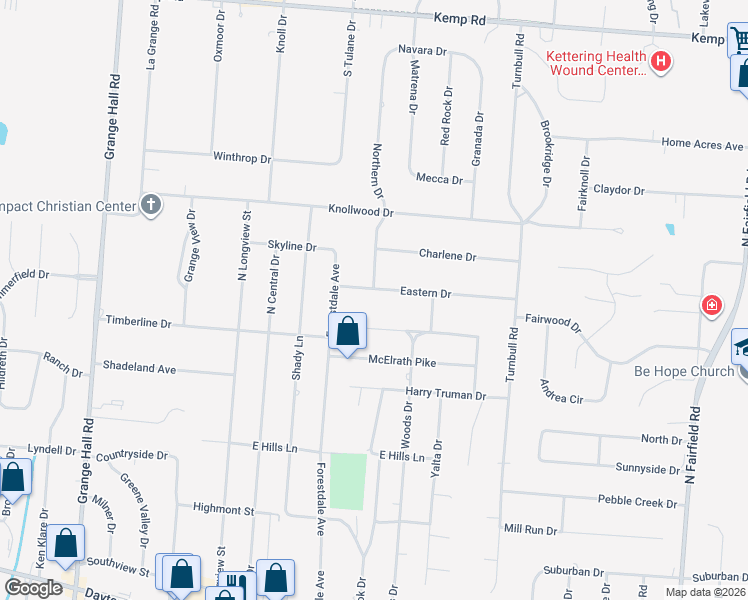 map of restaurants, bars, coffee shops, grocery stores, and more near 3683 Eastern Drive in Dayton