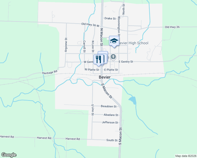 map of restaurants, bars, coffee shops, grocery stores, and more near 105 South Macon Street in Bevier