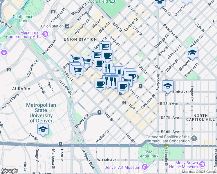 map of restaurants, bars, coffee shops, grocery stores, and more near 934 16th Street Mall in Denver