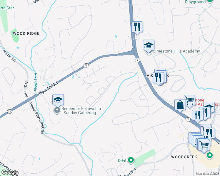 map of restaurants, bars, coffee shops, grocery stores, and more near 990 Glackens Lane in Wilmington