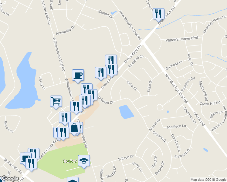 map of restaurants, bars, coffee shops, grocery stores, and more near 77 Rosalind Circle in Sicklerville