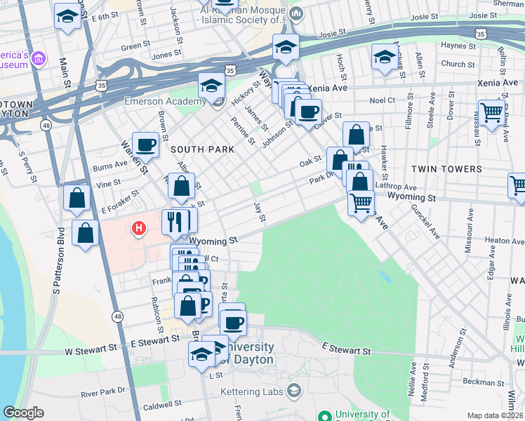 map of restaurants, bars, coffee shops, grocery stores, and more near 168 Park Drive in Dayton