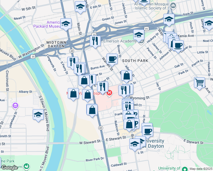 map of restaurants, bars, coffee shops, grocery stores, and more near 199 East Apple Street in Dayton