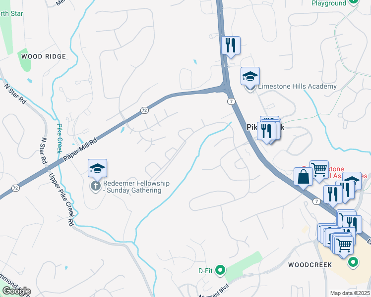 map of restaurants, bars, coffee shops, grocery stores, and more near 990 Glackens Lane in Wilmington