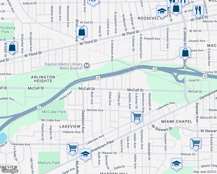 map of restaurants, bars, coffee shops, grocery stores, and more near 328 Ethel Avenue in Dayton