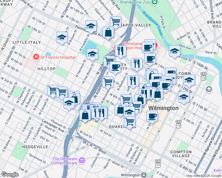 map of restaurants, bars, coffee shops, grocery stores, and more near 809 North Monroe Street in Wilmington