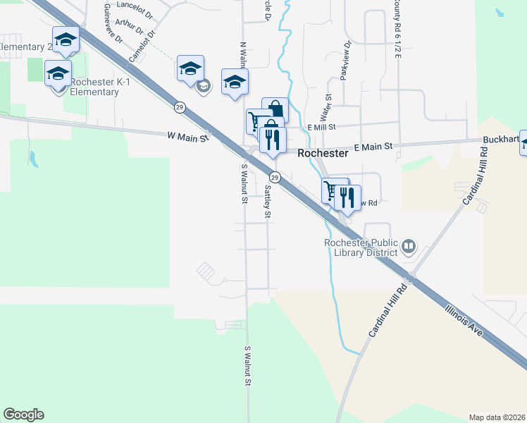 map of restaurants, bars, coffee shops, grocery stores, and more near Sattley Street in Rochester