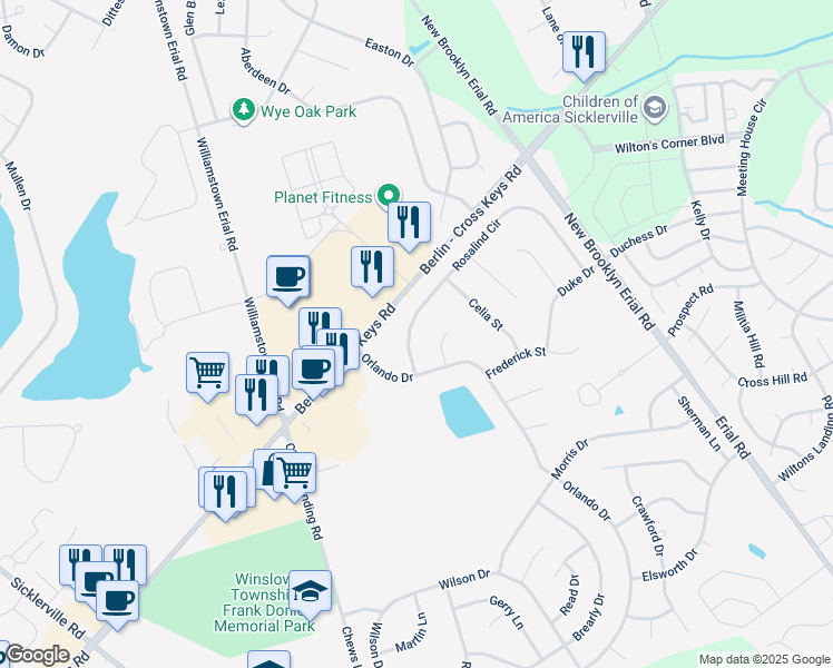 map of restaurants, bars, coffee shops, grocery stores, and more near 77 Rosalind Circle in Sicklerville