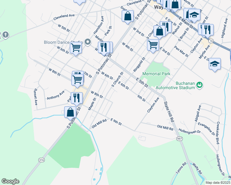 map of restaurants, bars, coffee shops, grocery stores, and more near 20 7th Street in Waynesboro
