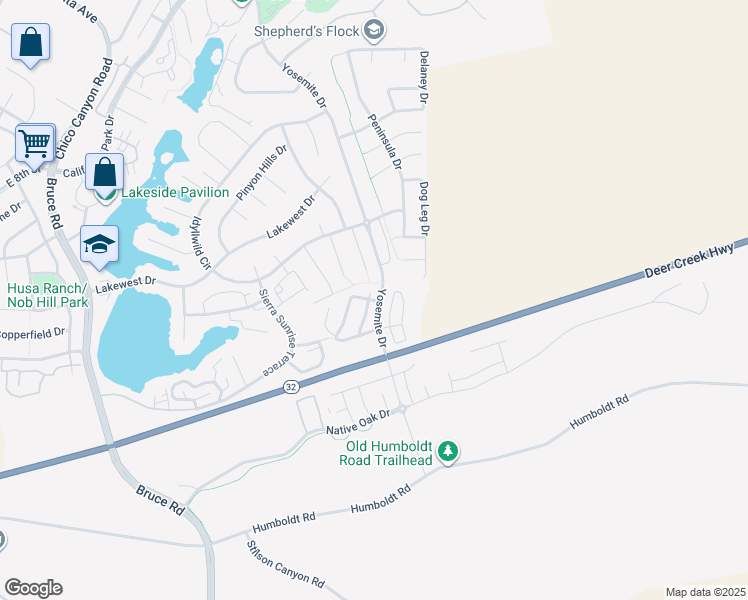 map of restaurants, bars, coffee shops, grocery stores, and more near 133 Echo Peak Terrace in Chico
